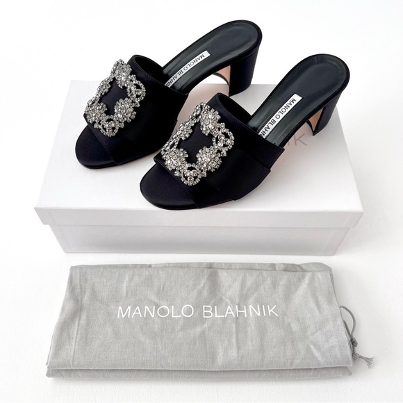 MANOLO BLAHNIK | Martanew Black Satin Jewel Buckle Mules EU 36 US 6 - Picture 1 of 13